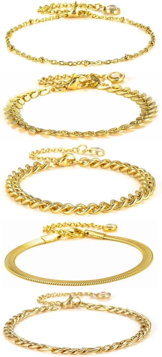 Jwicklirrng-Waterproof Gold Bracelets Set for Women Trendy, Dainty 14K Real Gold Plated Jewelry Fashion Stackable Tennis Beaded Figaro Herringbone Paperclip Link Bracelet Pack Stack Gifts for Women