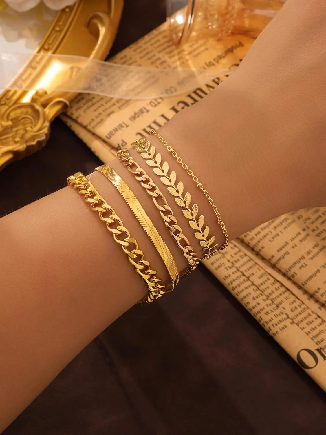 Jwicklirrng-Waterproof Gold Bracelets Set for Women Trendy, Dainty 14K Real Gold Plated Jewelry Fashion Stackable Tennis Beaded Figaro Herringbone Paperclip Link Bracelet Pack Stack Gifts for Women