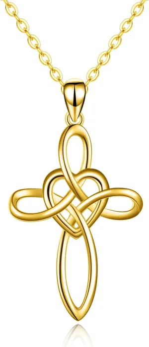KECHO Celtic Knot Cross Necklace 14K Yellow Gold Infinity Love Heart Fine Jewelry Pendant Necklace Gifts for Women Girls 16 1 1"