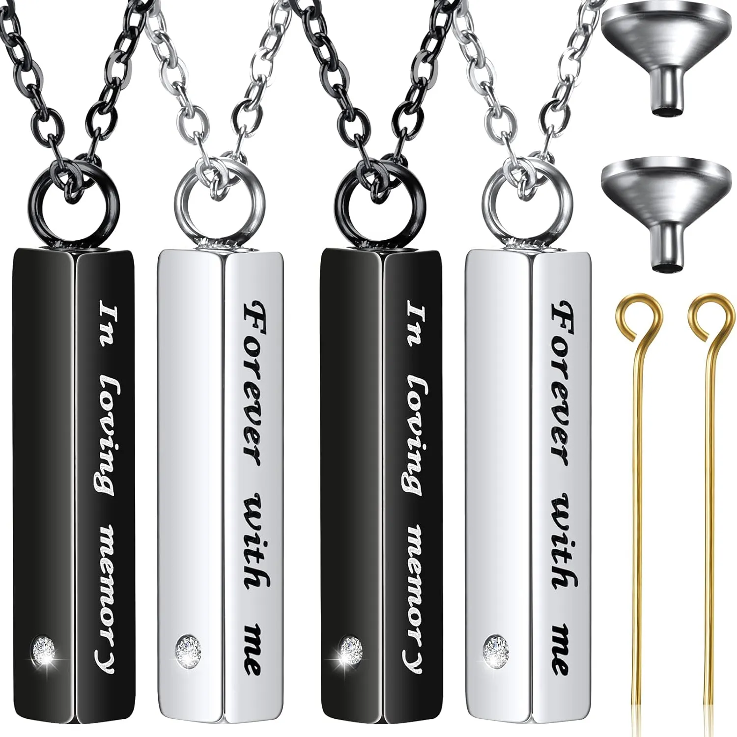 Kenning 4 Pieces Cremation Jewelry for Ashes Memorial Urn Pendant Necklace Crystal Stainless Steel with CZ Necklace Keepsake Ashes Pendant for Women Pet Cremation Jewelry, Black and Silver