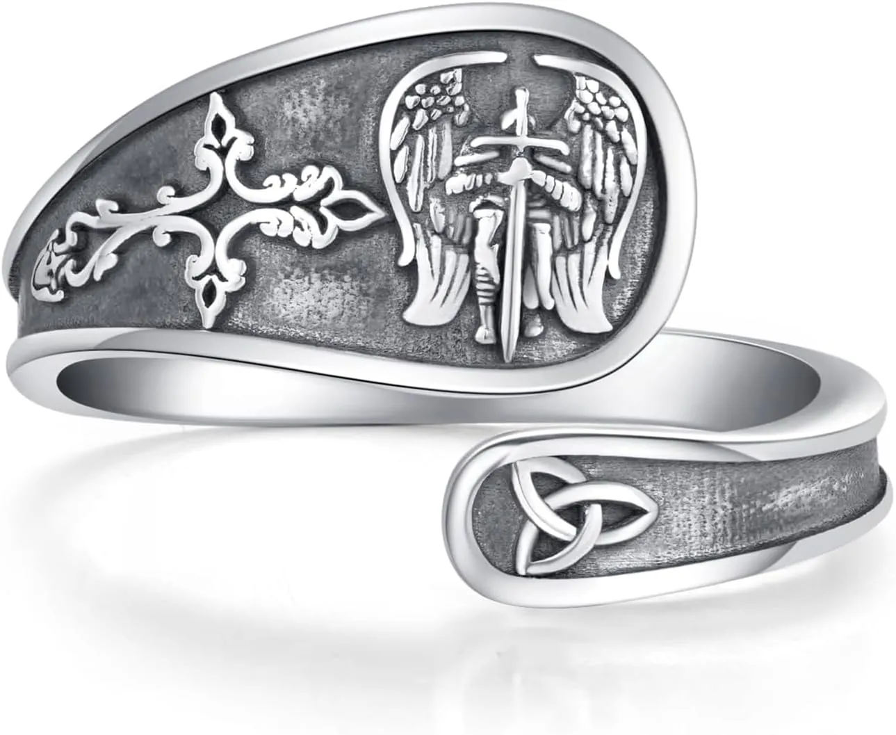 KiiKii St Michael Ring 925 Sterling Silver Patron Saint Archangel Michael Adjustable Spoon Rings Catholic Protection Jewelry for Men Women