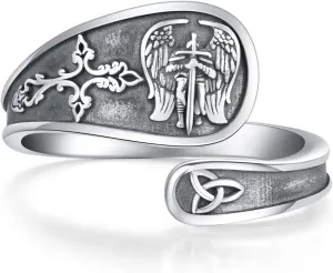 KiiKii St Michael Ring 925 Sterling Silver Patron Saint Archangel Michael Adjustable Spoon Rings Catholic Protection Jewelry for Men Women
