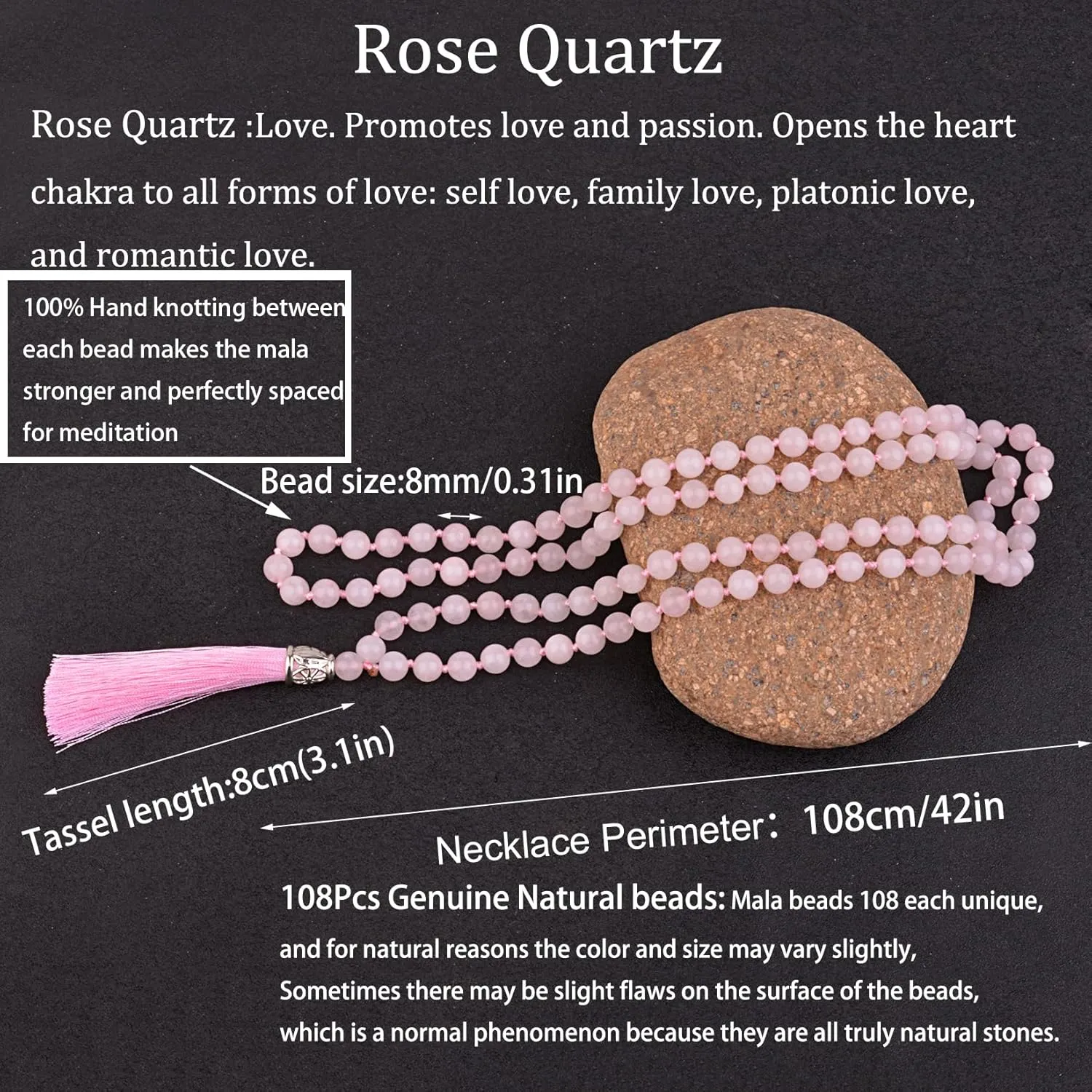 KIKILA Mala Beads 108 Natural Stone GemStones Japamala Yoga Meditation Hand Knotted Beaded Tassel Necklace for Women Men