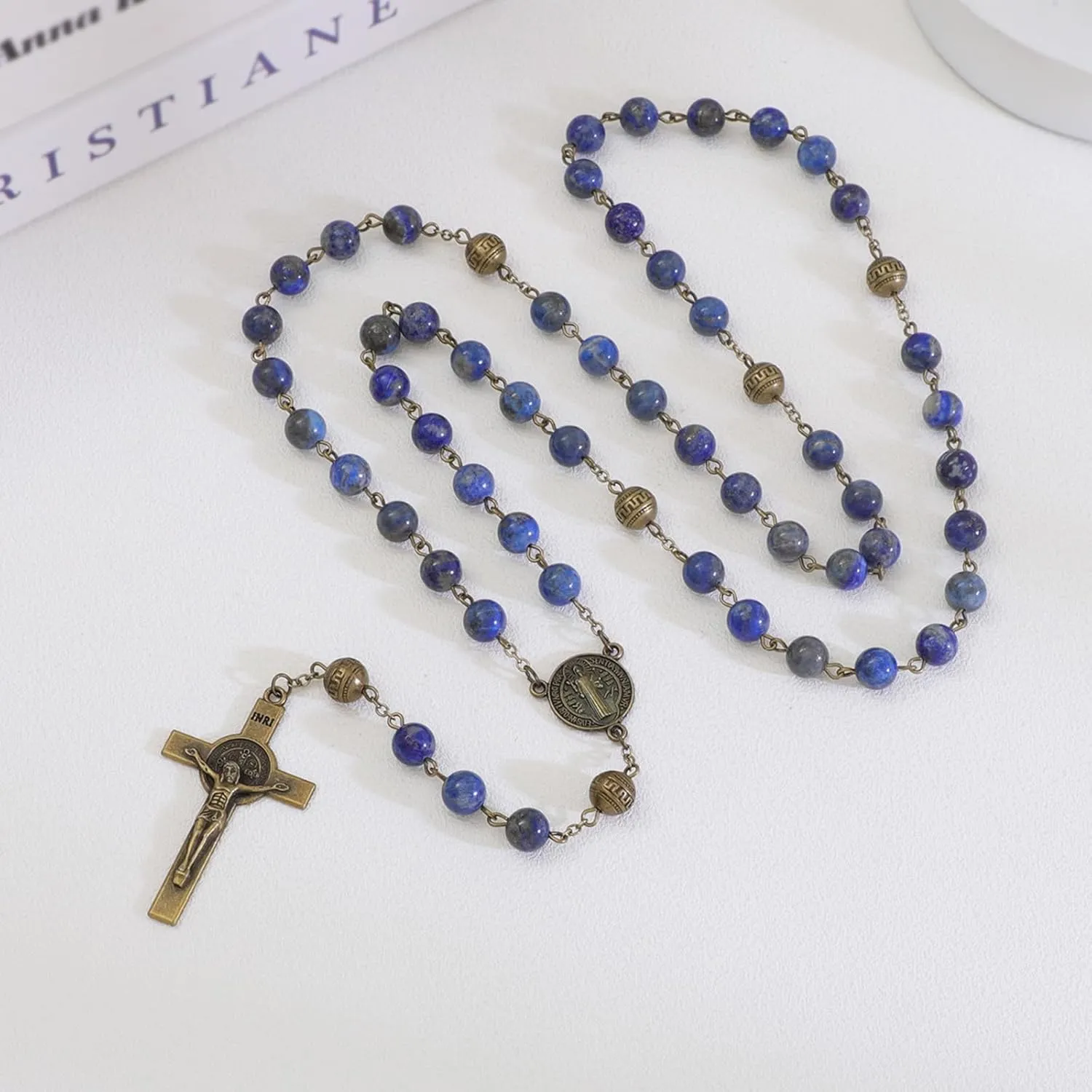 KOMI Handmade 8mm Natural Lapis Lazuli Gemstone Catholic Rosary Beads Necklace with Crucifix Cross & Centerpiece Rosaries