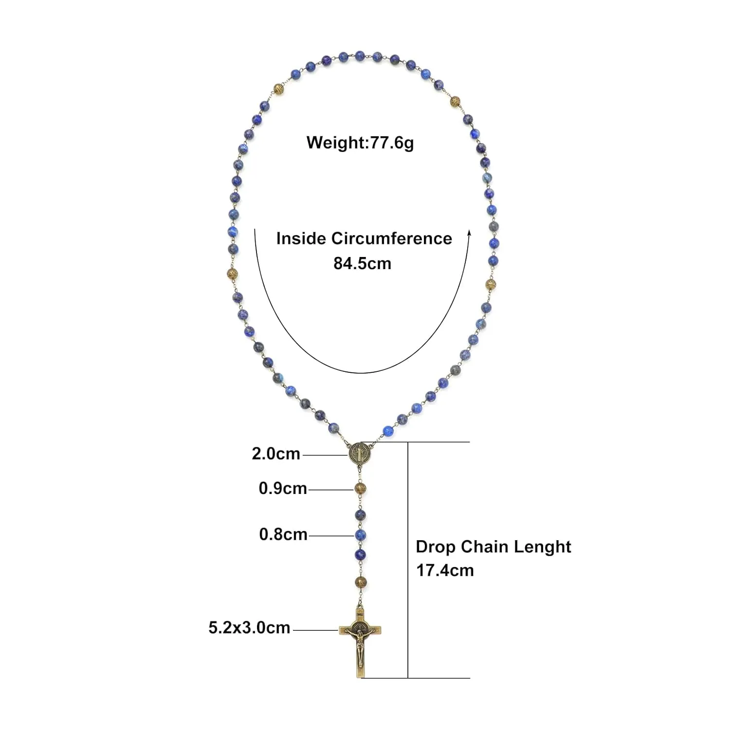 KOMI Handmade 8mm Natural Lapis Lazuli Gemstone Catholic Rosary Beads Necklace with Crucifix Cross & Centerpiece Rosaries