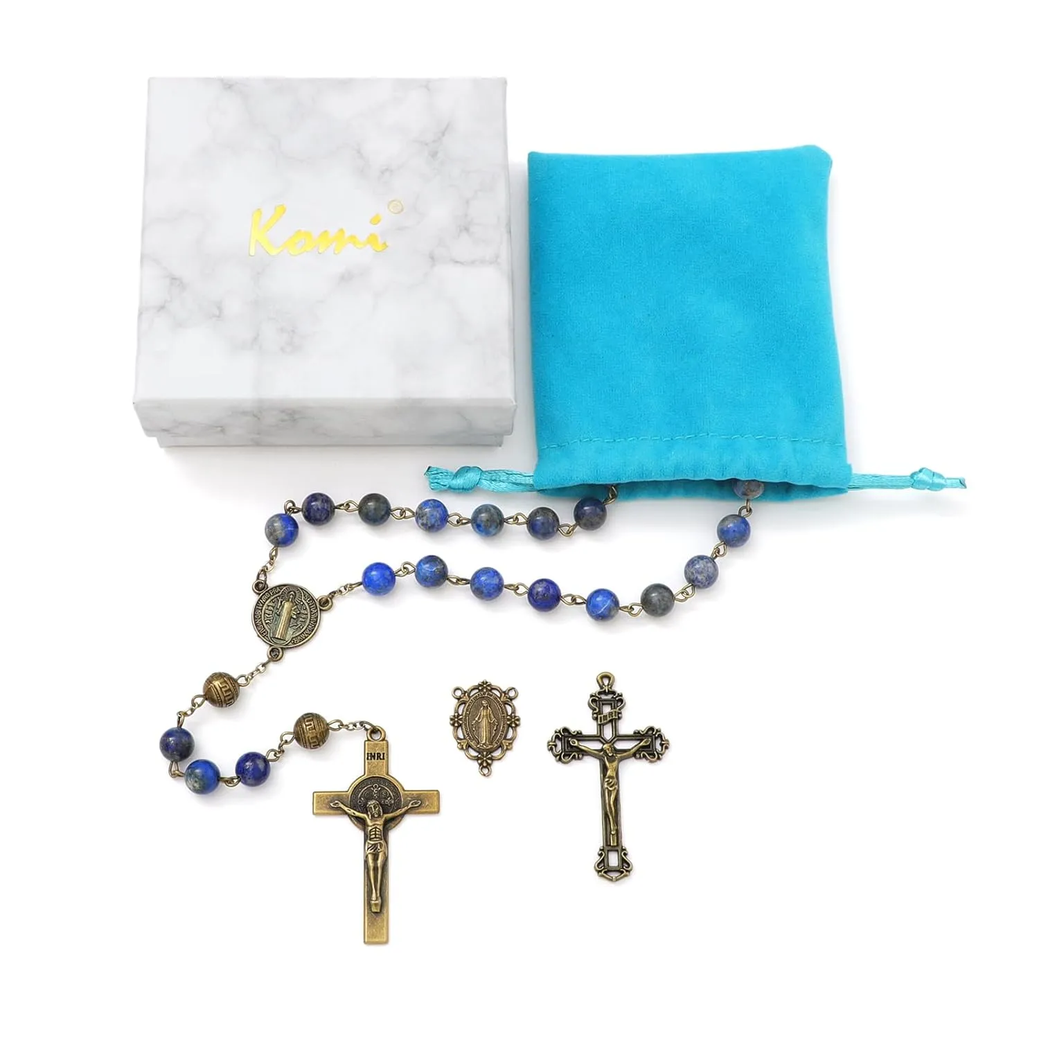 KOMI Handmade 8mm Natural Lapis Lazuli Gemstone Catholic Rosary Beads Necklace with Crucifix Cross & Centerpiece Rosaries