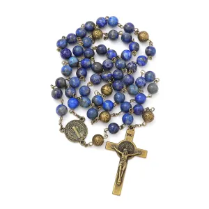 KOMI Handmade 8mm Natural Lapis Lazuli Gemstone Catholic Rosary Beads Necklace with Crucifix Cross & Centerpiece Rosaries