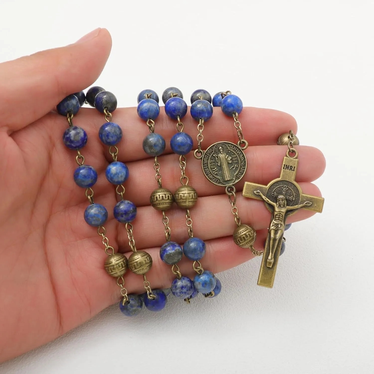 KOMI Handmade 8mm Natural Lapis Lazuli Gemstone Catholic Rosary Beads Necklace with Crucifix Cross & Centerpiece Rosaries