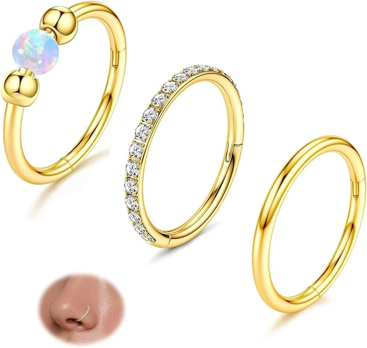 KREZIP 3Pcs Nose Rings Hoops 316L Surgical Stainless Steel Hinged Clicker Segment Nose Rings 18g CZ and Opal Nose Rings for Women Men Septum Rings Cartilage Earring Helix Tragus Daith Piercing Jewelry Gold /Silver 8MM