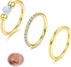 KREZIP 3Pcs Nose Rings Hoops 316L Surgical Stainless Steel Hinged Clicker Segment Nose Rings 18g CZ and Opal Nose Rings for Women Men Septum Rings Cartilage Earring Helix Tragus Daith Piercing Jewelry Gold /Silver 8MM