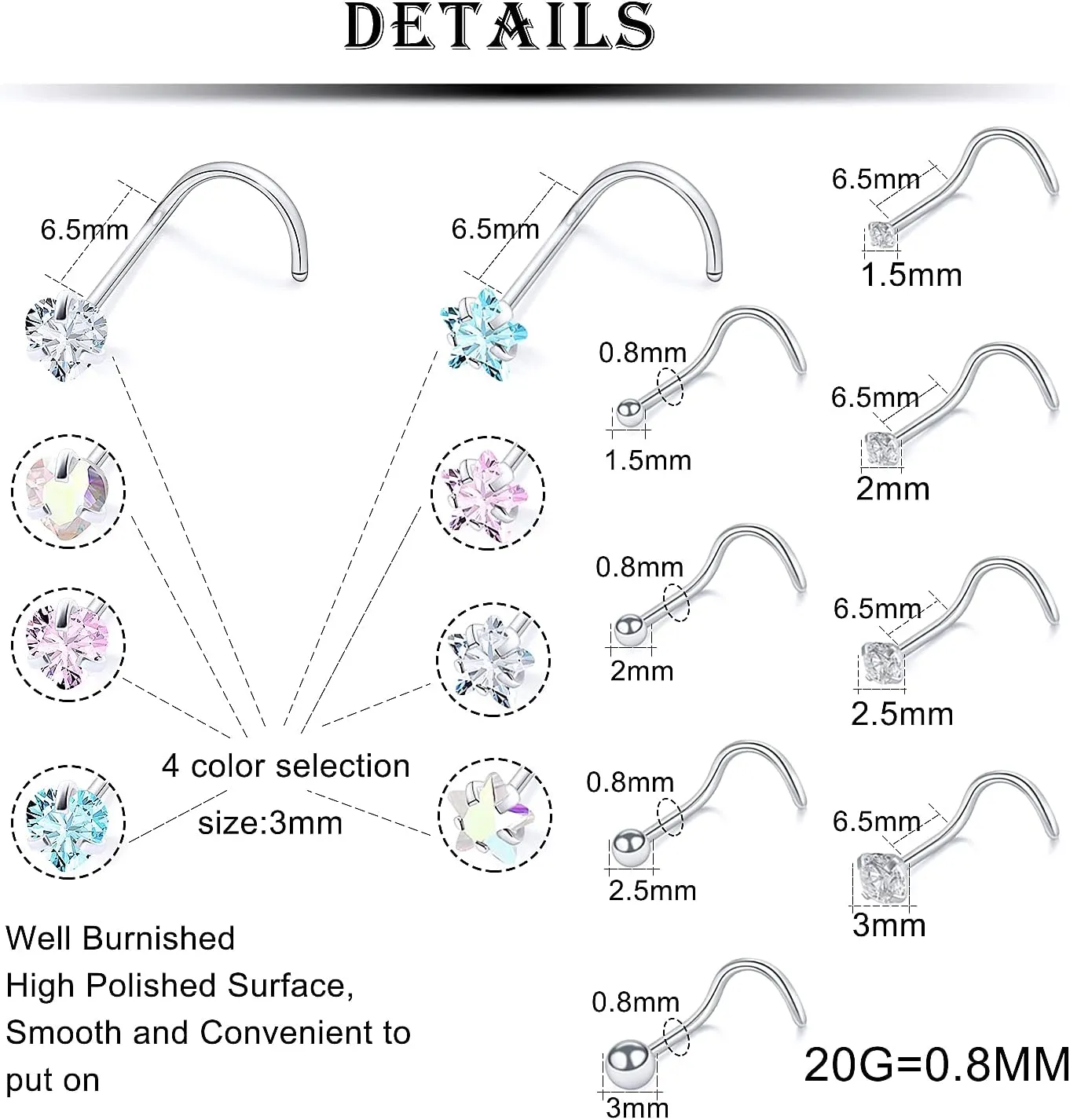 Kridzisw 18G 20G Heart Star CZ Nose Rings Studs Hypoallergenic 316L Surgical Steel L Shaped Silver Stud Nose Rings Cute Nose Piercing Jewelry for Women Men Diamond 1.5mm 2mm 2.5mm 3mm