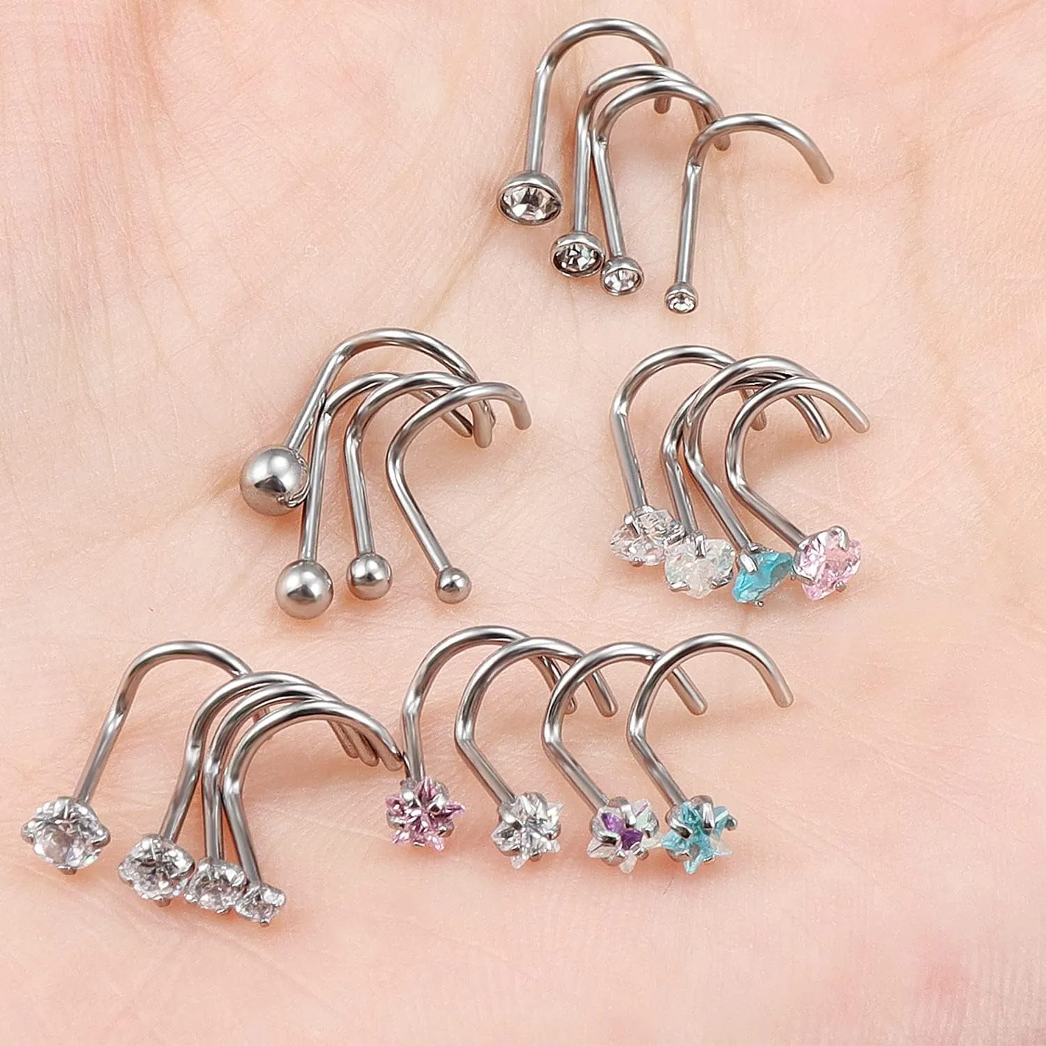 Kridzisw 18G 20G Heart Star CZ Nose Rings Studs Hypoallergenic 316L Surgical Steel L Shaped Silver Stud Nose Rings Cute Nose Piercing Jewelry for Women Men Diamond 1.5mm 2mm 2.5mm 3mm