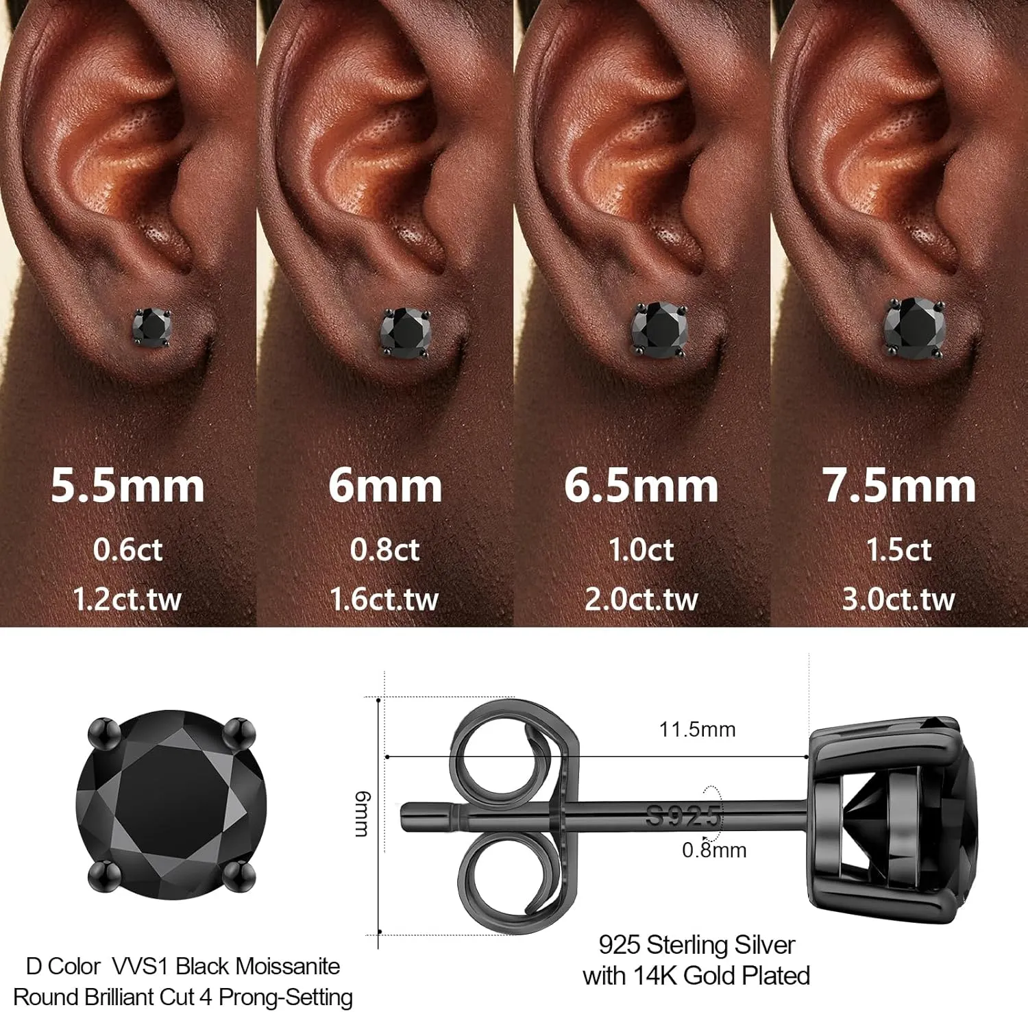 KRKC&CO Moissanite Earrings for Men, Dazzling Studs Earrings, S925 Sterling Silver, 4-Prong, 1.2-3.0CT, D Color, VVS1, 14K White Gold, Black Jewelry Gifts For Him