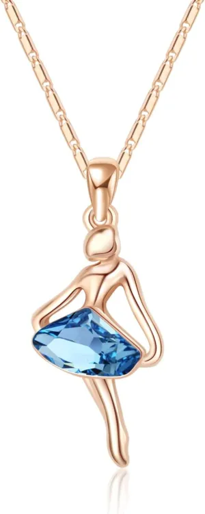 KRUCKEL Ballerina Necklace - Stunning Blue Austrian Crystal Pendant, Champagne Rose Gold Plated, Jewelry for Women, Lightweight Easy - Wear Fashion Minimalist Design Accesory