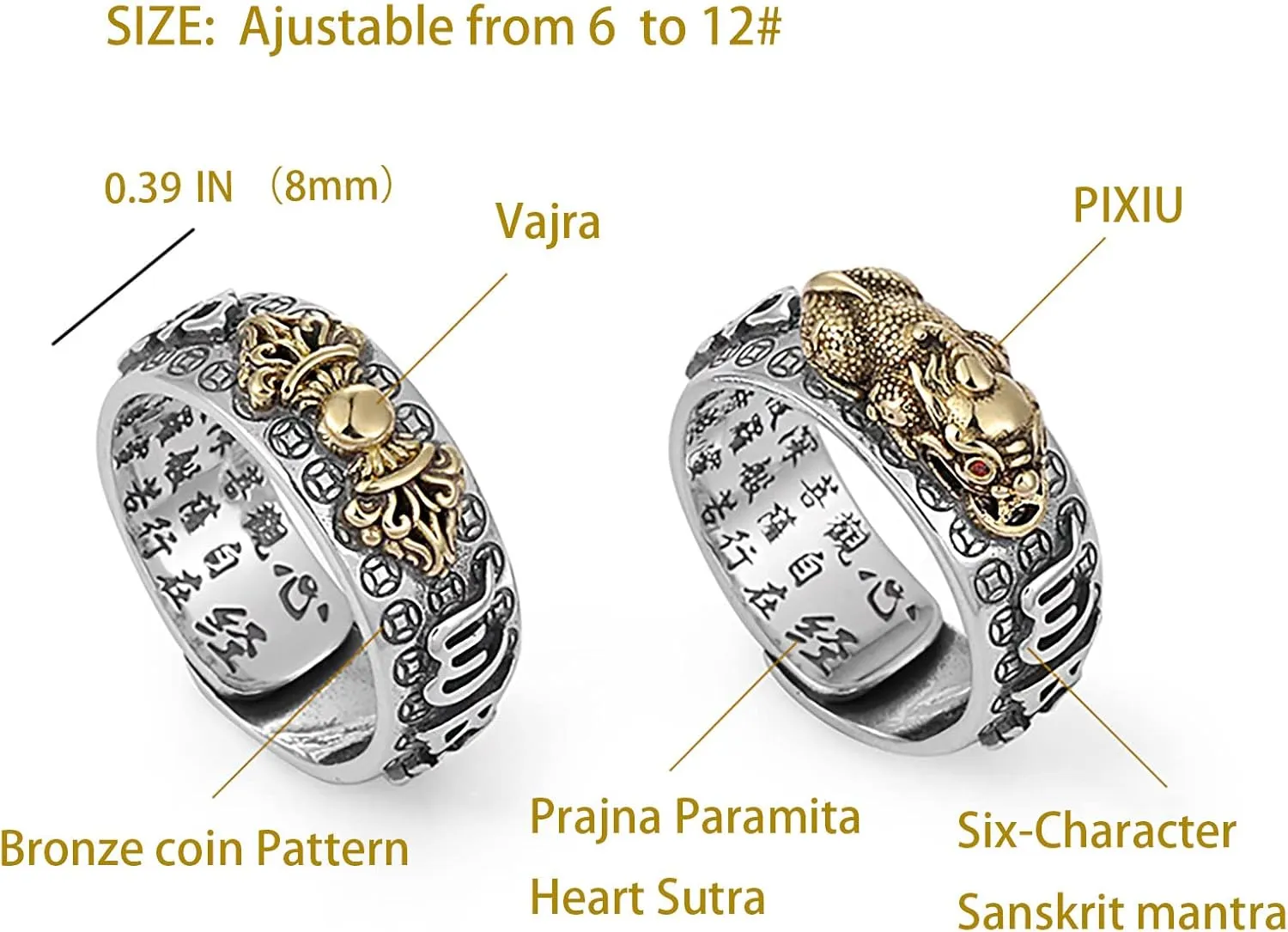 Kucheed Feng Shui PiXiu Mantra Ring, Silver Buddhist Good Luck Finger Rings,MANI Amulet Mantra Jewelry,Double Protection Wealth Love Health Band,Vintage Open Adjustable Rings Gifts for Men Women