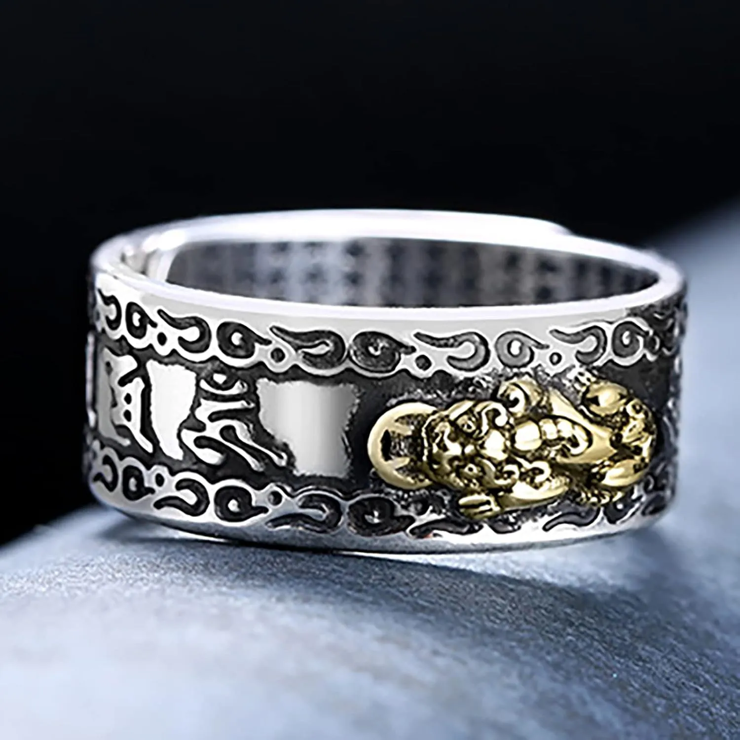 Kucheed Feng Shui PiXiu Mantra Ring, Silver Buddhist Good Luck Finger Rings,MANI Amulet Mantra Jewelry,Double Protection Wealth Love Health Band,Vintage Open Adjustable Rings Gifts for Men Women