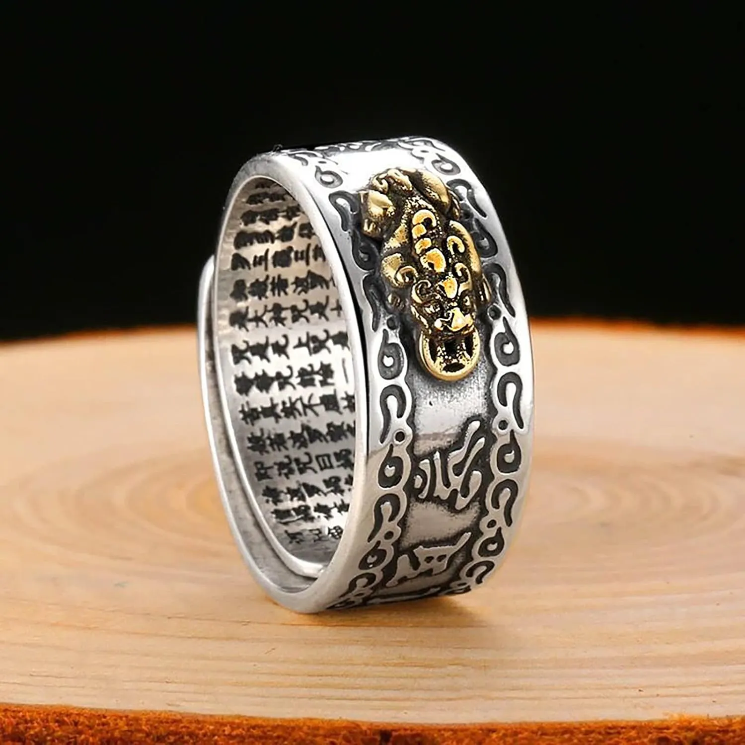 Kucheed Feng Shui PiXiu Mantra Ring, Silver Buddhist Good Luck Finger Rings,MANI Amulet Mantra Jewelry,Double Protection Wealth Love Health Band,Vintage Open Adjustable Rings Gifts for Men Women