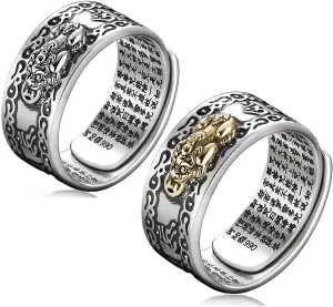 Kucheed Feng Shui PiXiu Mantra Ring, Silver Buddhist Good Luck Finger Rings,MANI Amulet Mantra Jewelry,Double Protection Wealth Love Health Band,Vintage Open Adjustable Rings Gifts for Men Women