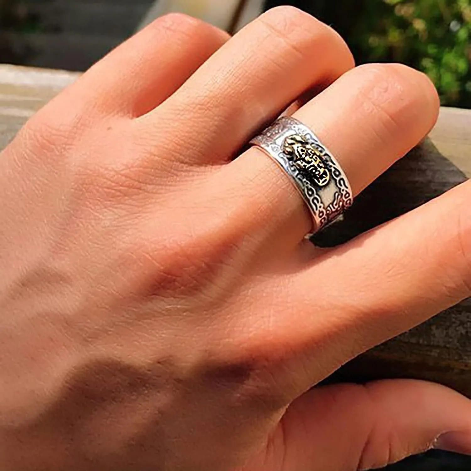Kucheed Feng Shui PiXiu Mantra Ring, Silver Buddhist Good Luck Finger Rings,MANI Amulet Mantra Jewelry,Double Protection Wealth Love Health Band,Vintage Open Adjustable Rings Gifts for Men Women