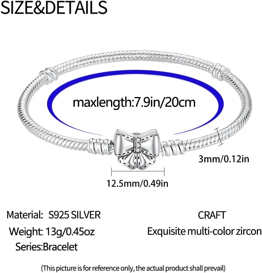 KUNSIR 925 Sterling Silver Snake Chain Bracelet Basic Charm Bracelets with 5A Cubic Zirconia for Women Teen