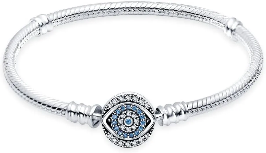 KUNSIR 925 Sterling Silver Snake Chain Bracelet Blue Evil Eyes with 5A Cubic Zirconia Bracelets for Women Teen