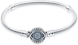 KUNSIR 925 Sterling Silver Snake Chain Bracelet Blue Evil Eyes with 5A Cubic Zirconia Bracelets for Women Teen