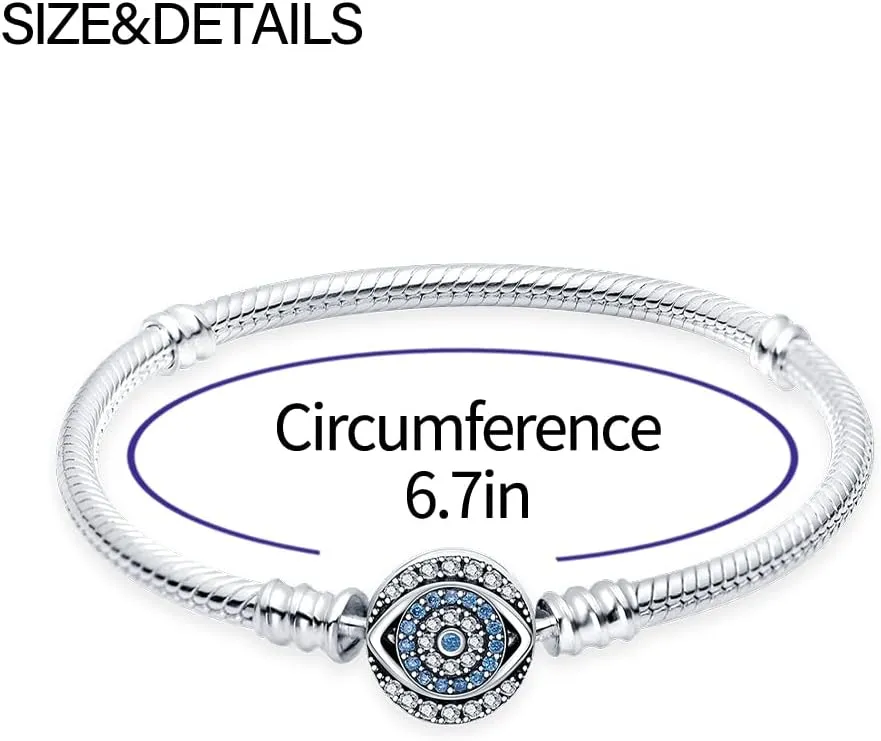 KUNSIR 925 Sterling Silver Snake Chain Bracelet Blue Evil Eyes with 5A Cubic Zirconia Bracelets for Women Teen