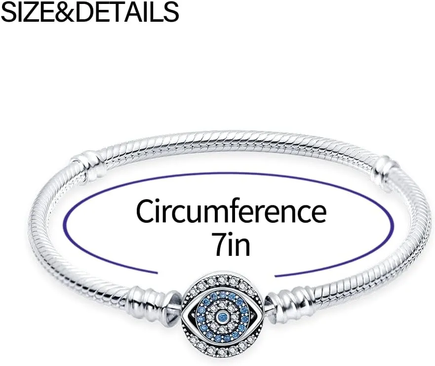 KUNSIR 925 Sterling Silver Snake Chain Bracelet Blue Evil Eyes with 5A Cubic Zirconia Bracelets for Women Teen