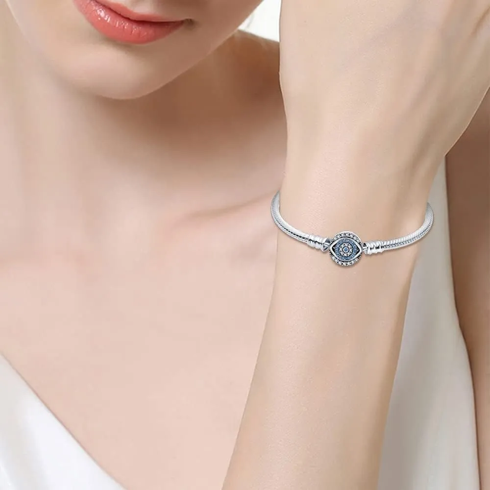 KUNSIR 925 Sterling Silver Snake Chain Bracelet Blue Evil Eyes with 5A Cubic Zirconia Bracelets for Women Teen