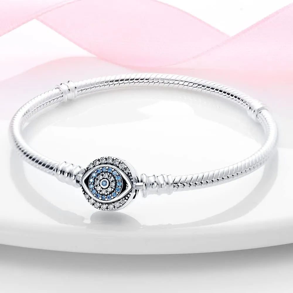 KUNSIR 925 Sterling Silver Snake Chain Bracelet Blue Evil Eyes with 5A Cubic Zirconia Bracelets for Women Teen