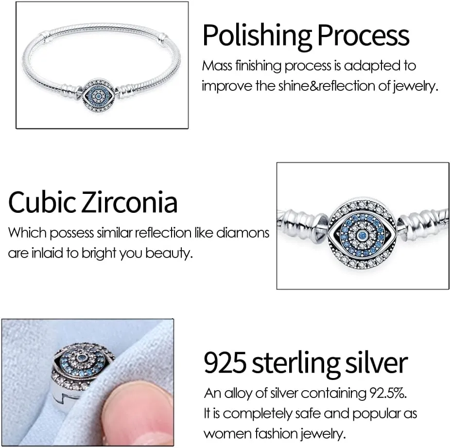 KUNSIR 925 Sterling Silver Snake Chain Bracelet Blue Evil Eyes with 5A Cubic Zirconia Bracelets for Women Teen