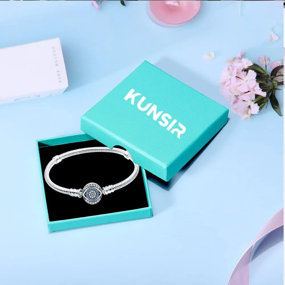 KUNSIR 925 Sterling Silver Snake Chain Bracelet Blue Evil Eyes with 5A Cubic Zirconia Bracelets for Women Teen