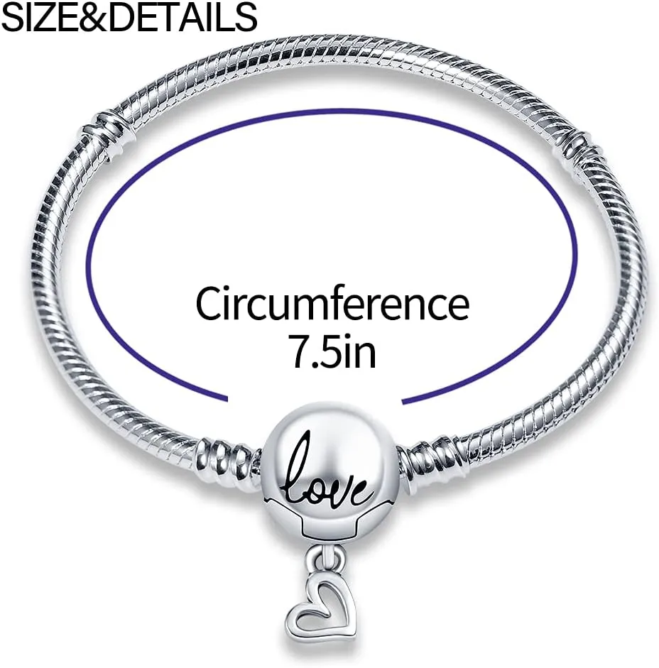 KUNSIR 925 Sterling Silver Snake Chain Bracelet with Love Round Buckle Charm Bracelets for Women Teen