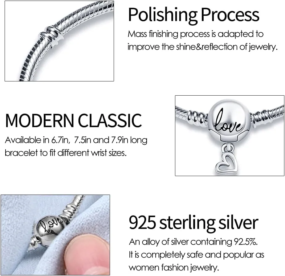 KUNSIR 925 Sterling Silver Snake Chain Bracelet with Love Round Buckle Charm Bracelets for Women Teen
