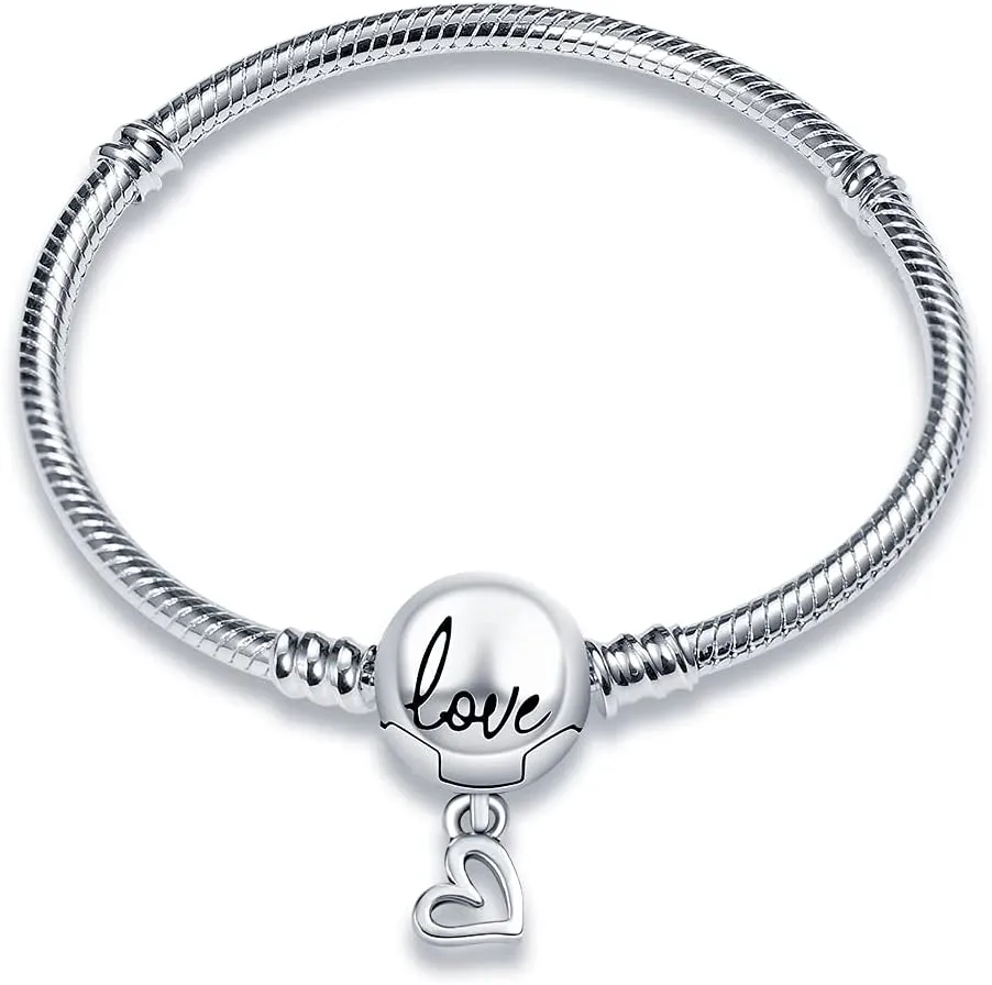 KUNSIR 925 Sterling Silver Snake Chain Bracelet with Love Round Buckle Charm Bracelets for Women Teen