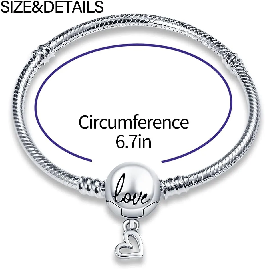 KUNSIR 925 Sterling Silver Snake Chain Bracelet with Love Round Buckle Charm Bracelets for Women Teen
