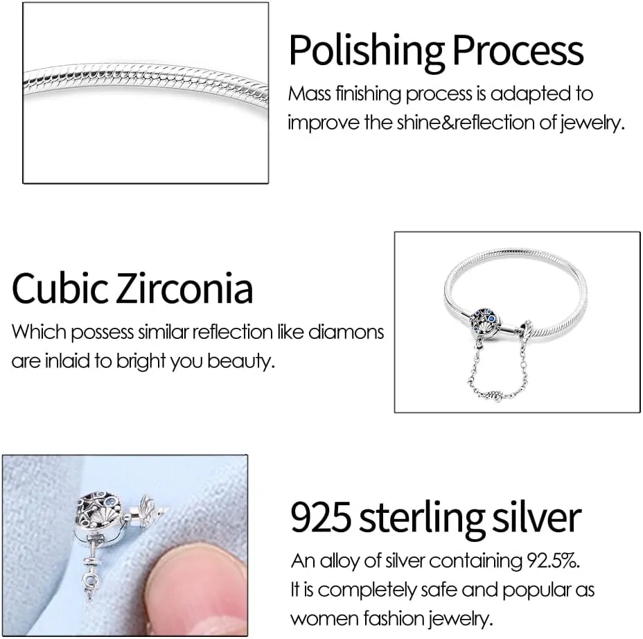 KUNSIR 925 Sterling Silver Snake Chain Bracelet with Safety Chain Charm Bracelets for Women Teen