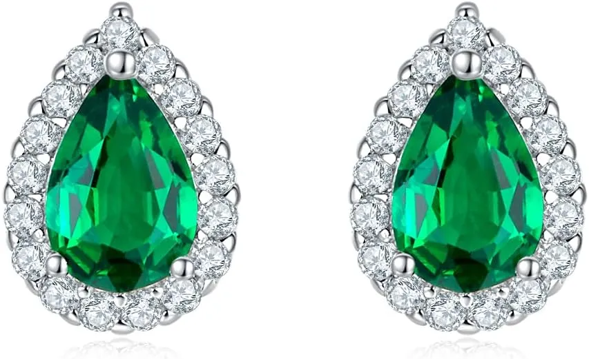 Lab Grown Emerald Stud Earrings 1CT Pear Cut AAAA Quality 925 Sterling Silver with 18K White Gold Plating Jewelry Emerald Earrings Hypoallergenic for Women