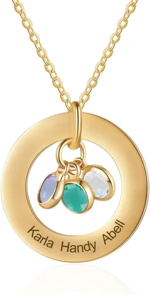 Lam Hub Fong Personalized Birthstone Necklace for Mom 1 to 4 Names and Birth Month Stones, 18k Gold Plated Family Jewelry for Women, Custom Birthday Day, Mother's Day Gift for Wife, Grandma