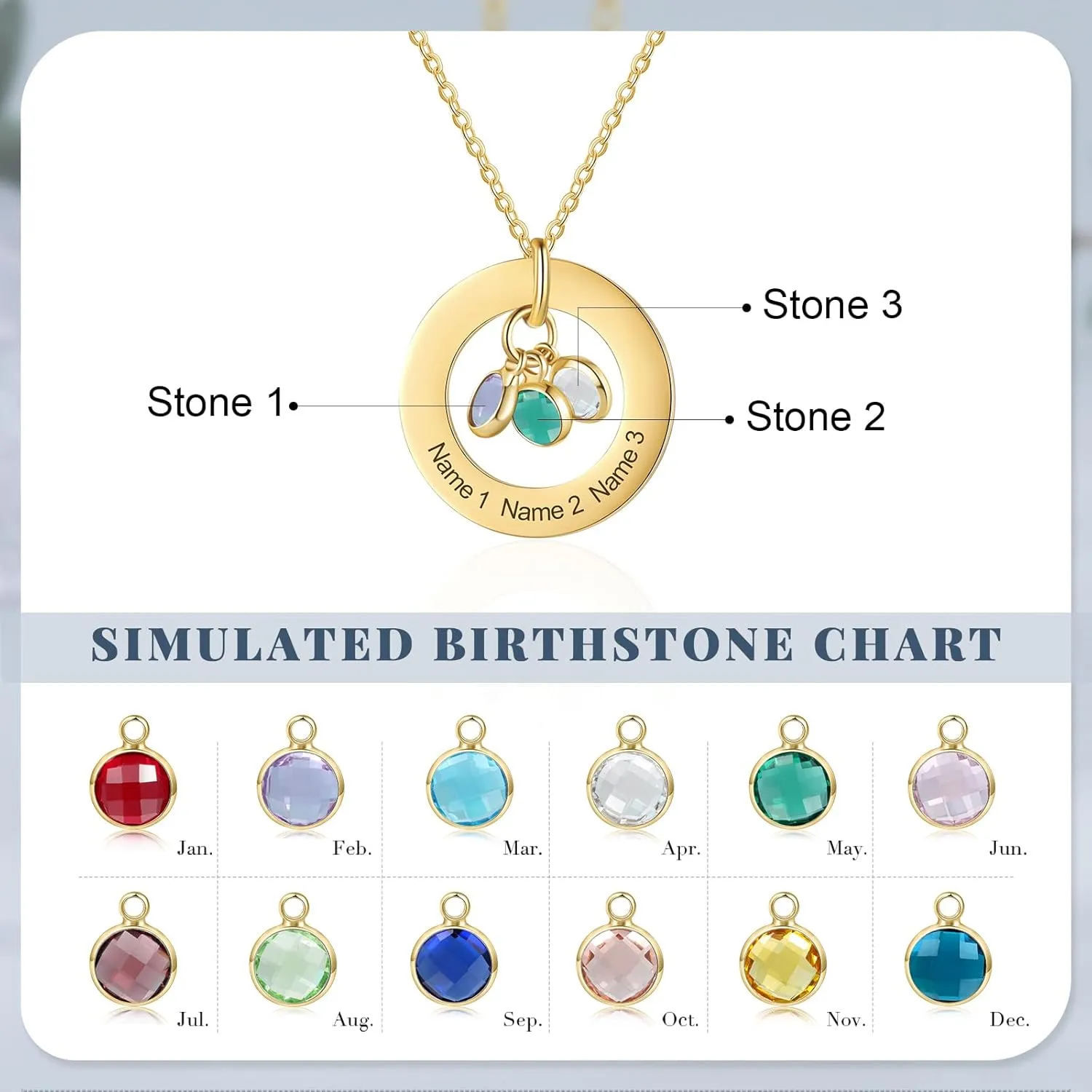 Lam Hub Fong Personalized Birthstone Necklace for Mom 1 to 4 Names and Birth Month Stones, 18k Gold Plated Family Jewelry for Women, Custom Birthday Day, Mother's Day Gift for Wife, Grandma