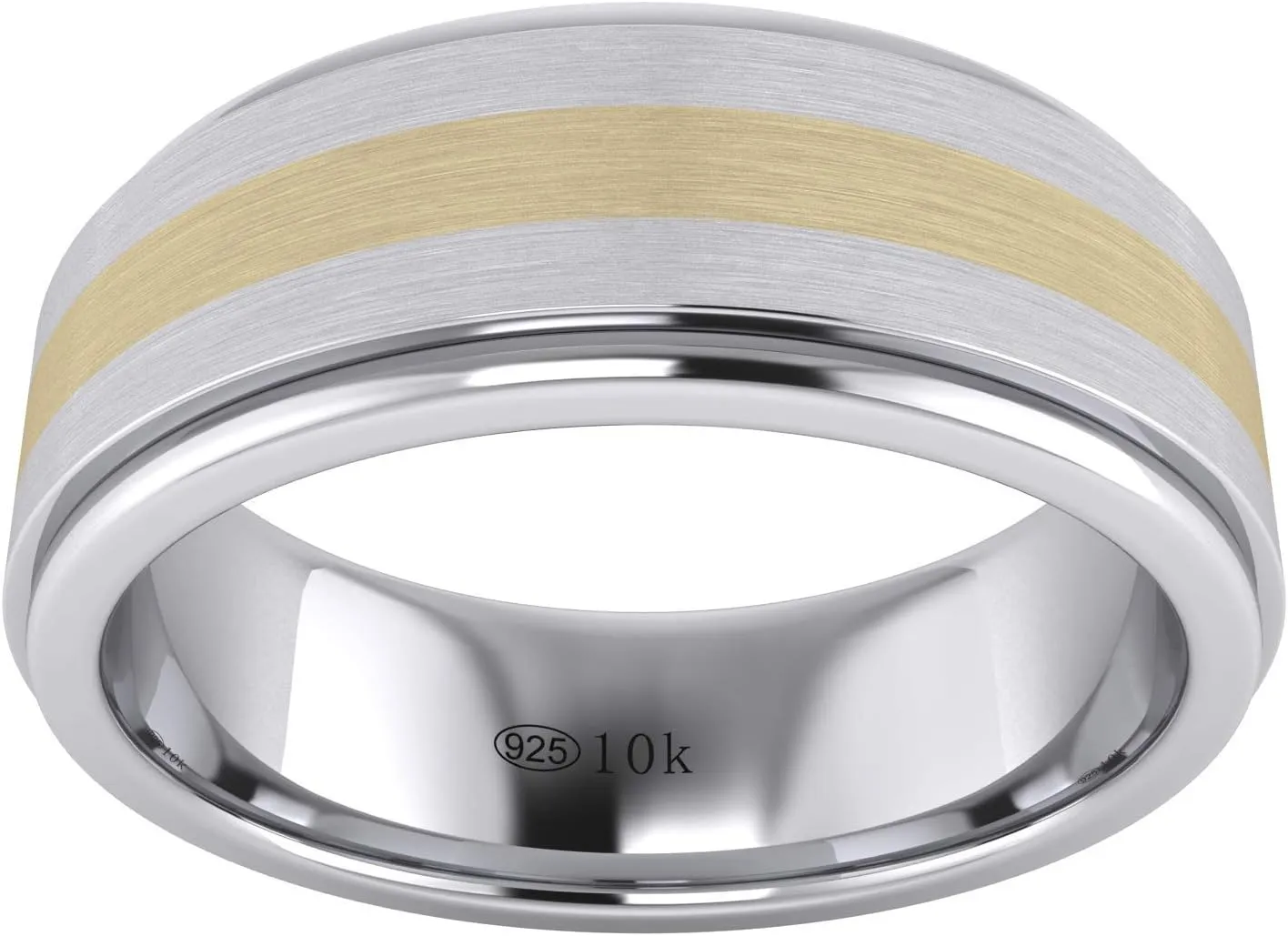 LANDA JEWEL Solid Gold Inlaid Heavy 8mm Sterling Silver Mens Wedding Band Raised Center Comfort Fit Two Tone