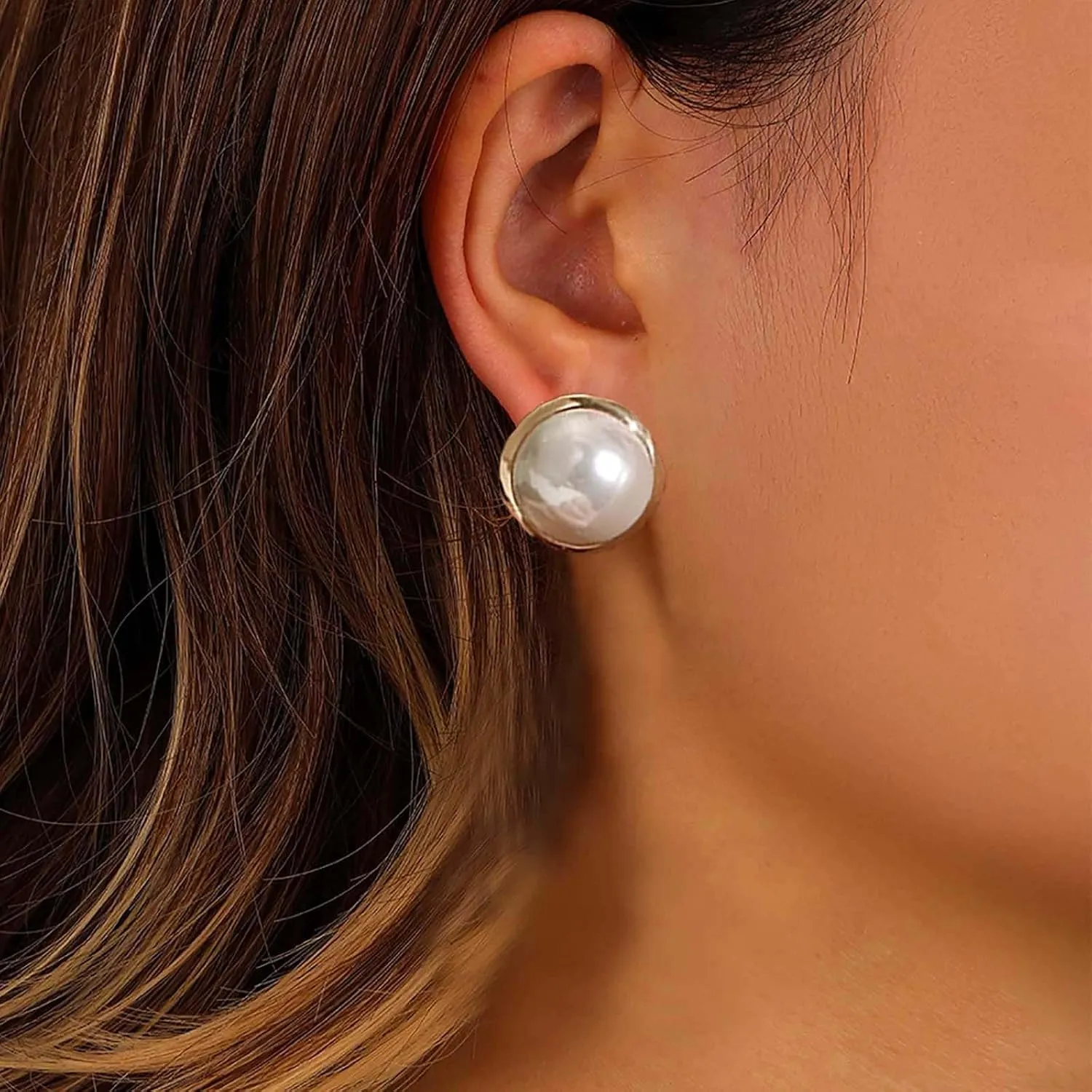 Large Pearl Studs Earrings Gold Pearl Button Stud Earrings