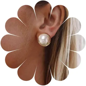 Large Pearl Studs Earrings Gold Pearl Button Stud Earrings