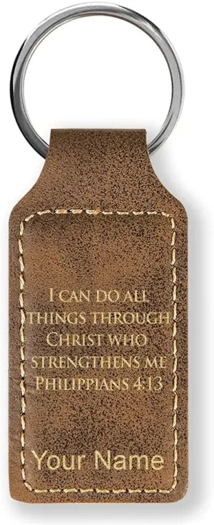 LaserGram Rectangle Keychain, Bible Verse Philippians 4-13, Personalized Engraving Included (Rustic with Gold)