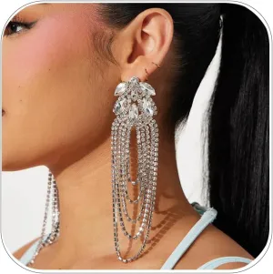 Layered Rhinestone Dangle Earrings for Women Silver Crystal Long Chandelier Earrings Formal Jewelry