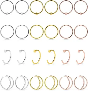 Lcolyoli 24PCS 22G Surgical Steel Moon Nose Rings Hoop Nostril Septum Ring Piercing Jewelry for Women Men 8mm 10mm