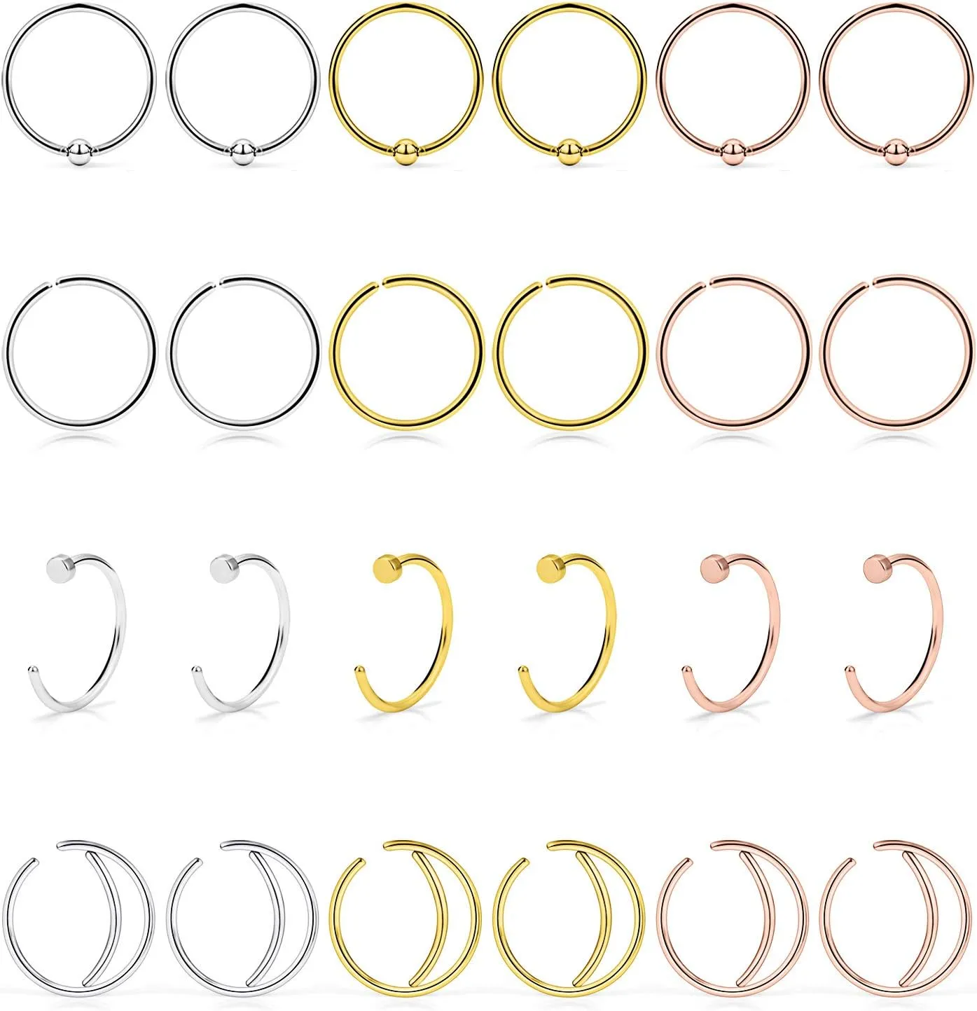 Lcolyoli 24PCS 22G Surgical Steel Moon Nose Rings Hoop Nostril Septum Ring Piercing Jewelry for Women Men 8mm 10mm