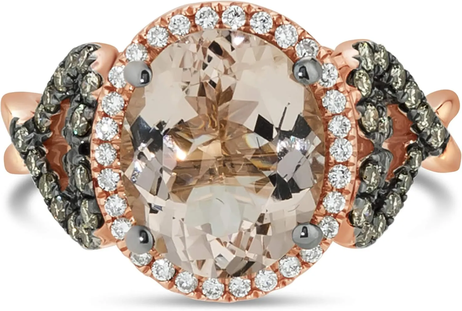 LE VIAN 14K Rose Gold Oval Morganite & 1/2 Cttw White/Chocolate Diamond Halo Engagement Ring (G-H & Fancy Brown Color, VS2-SI2 Clarity)- Size 7
