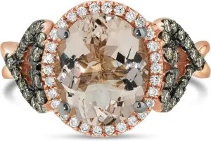 LE VIAN 14K Rose Gold Oval Morganite & 1/2 Cttw White/Chocolate Diamond Halo Engagement Ring (G-H & Fancy Brown Color, VS2-SI2 Clarity)- Size 7