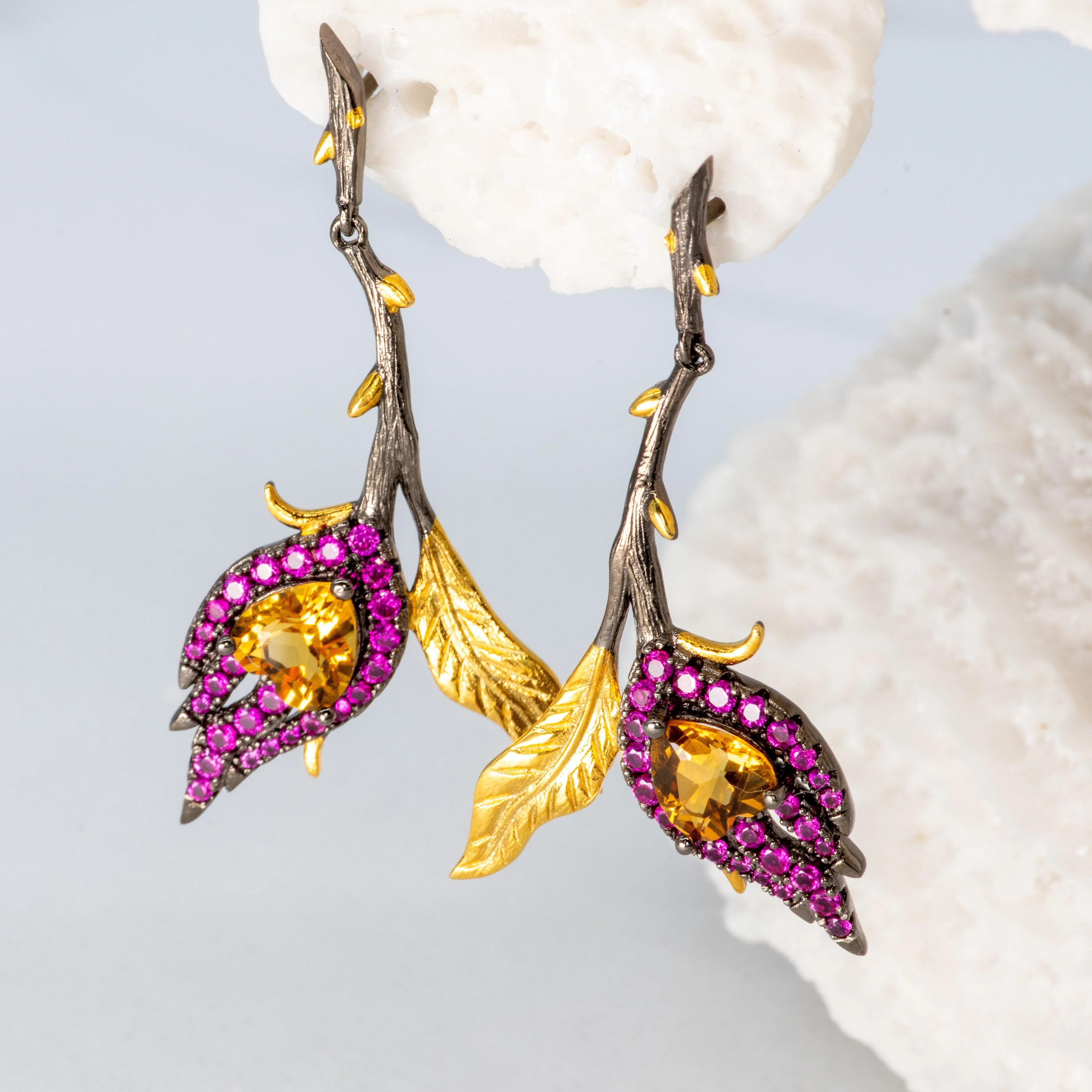 Leaf Citrine Dangle Earrings in Sterling Silver